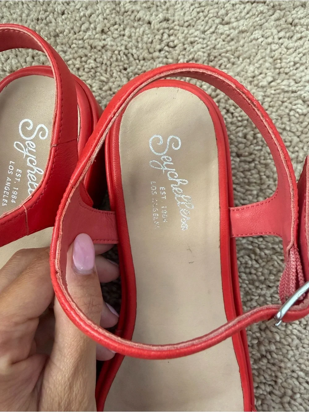 Seychelles Rest Assured Red Leather Strappy Open Toe Platform Block Heels US 7